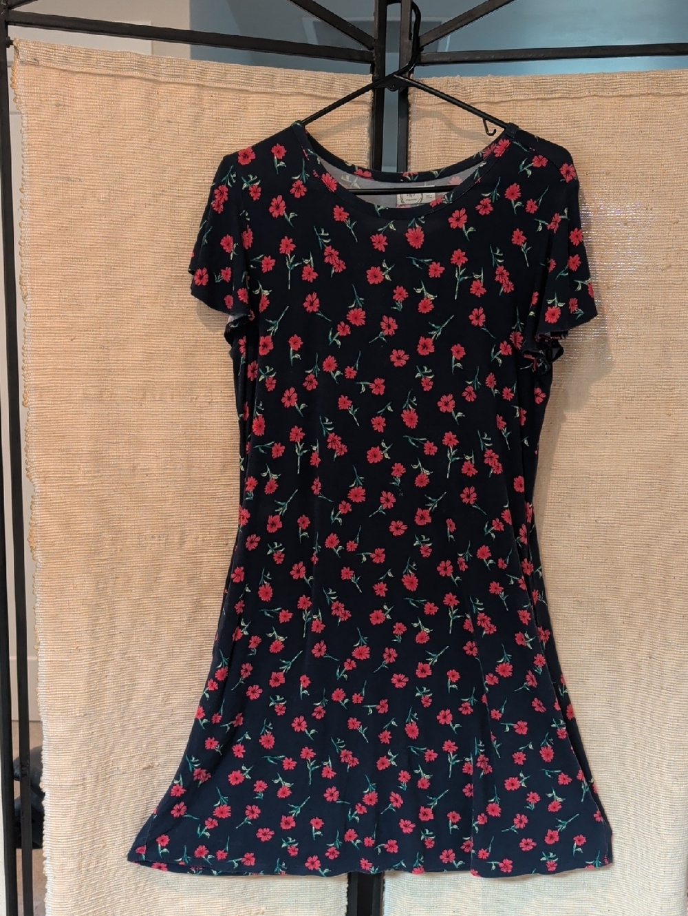 Maurices Navy Blue Midi Dress with Red Floral Print and Green Stems